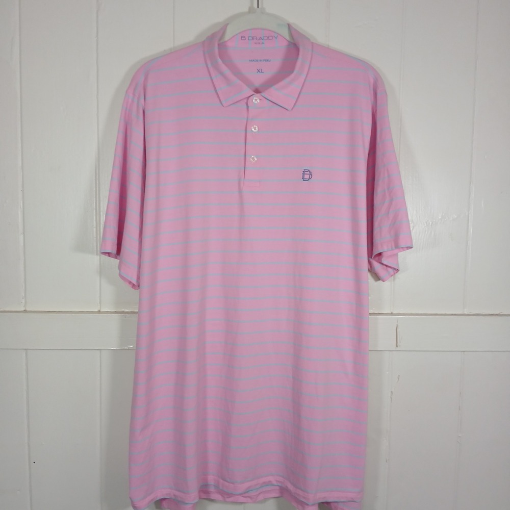 B. Draddy Polo Golf Shirt Mens XL Pink Blue Striped Pima Cotton Spandex Stretch